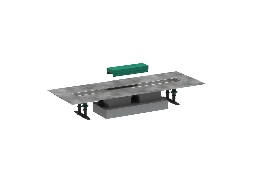 Hansgrohe Duschrinne in flacher Ausführung, bestehend aus einem grauen Montageelement mit verdecktem Ablauf und grüner Abdeckung zur individuellen Fliesenanpassung.